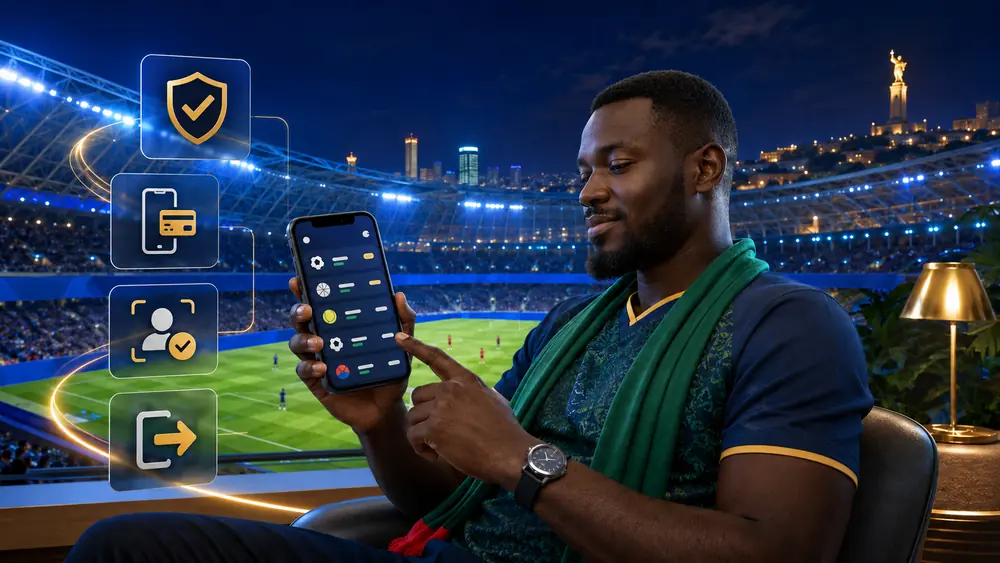 Adulte sénégalais consultant une plateforme générique de paris sportifs sur smartphone