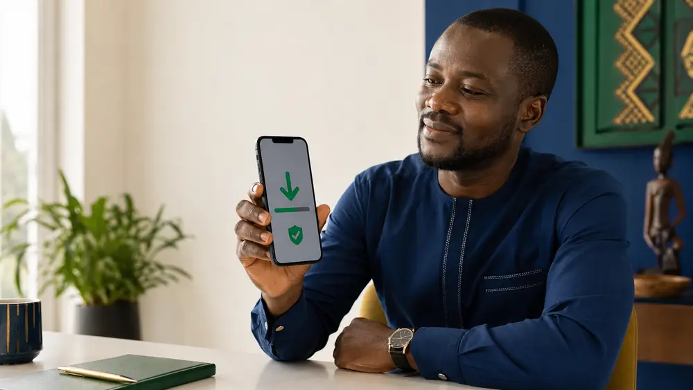 Utilisateur sénégalais vérifiant le téléchargement sécurisé d’une application mobile