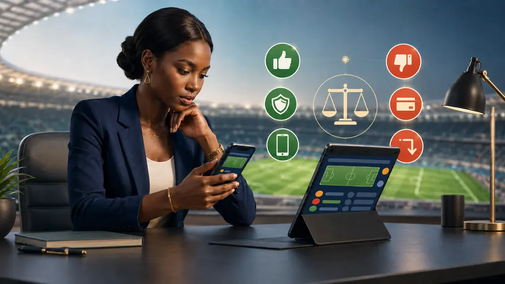 Analyste sénégalaise comparant une plateforme sportive sur smartphone et tablette