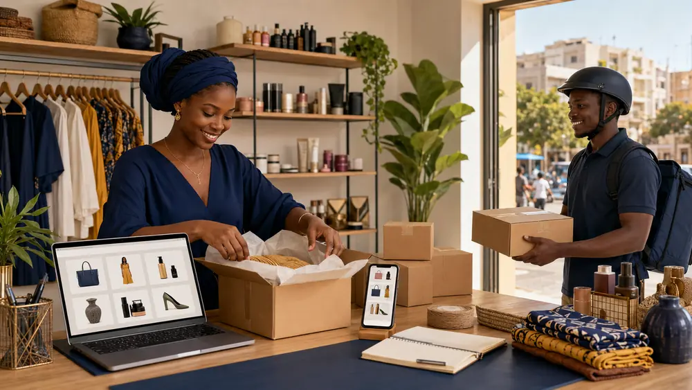 Commerçante sénégalaise préparant une commande en ligne pour un livreur