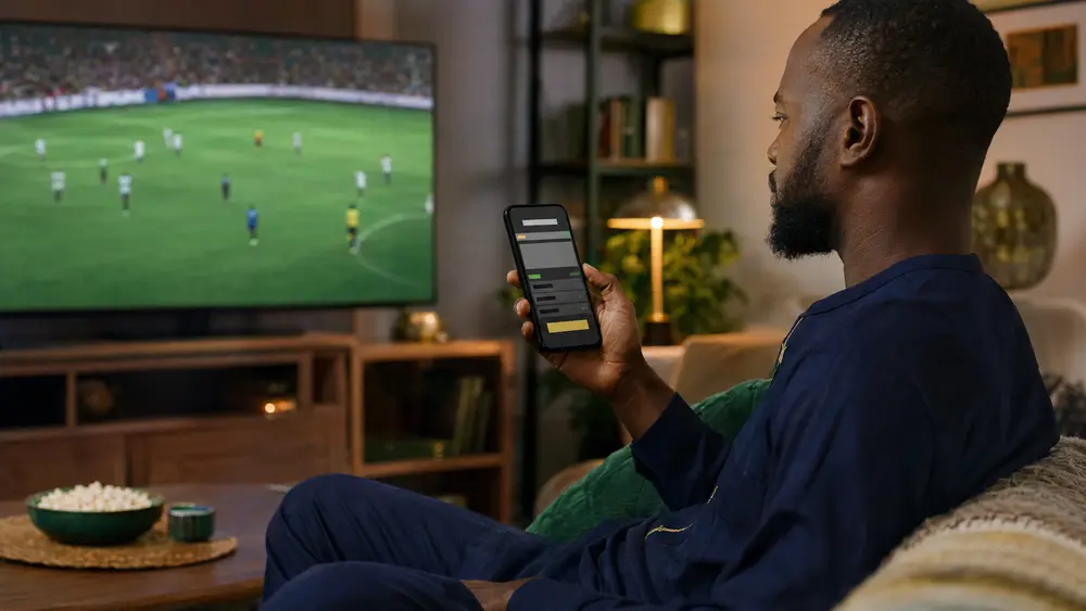 Supporter adulte suivant un match de football et consultant une interface mobile neutre