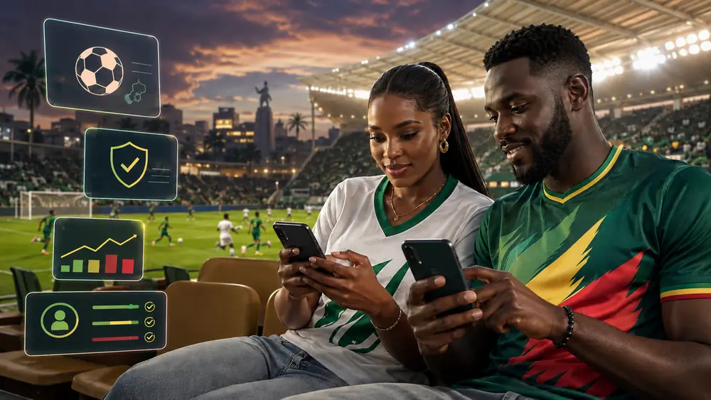Deux adultes sénégalais consultant des informations de paris sportifs sur smartphone